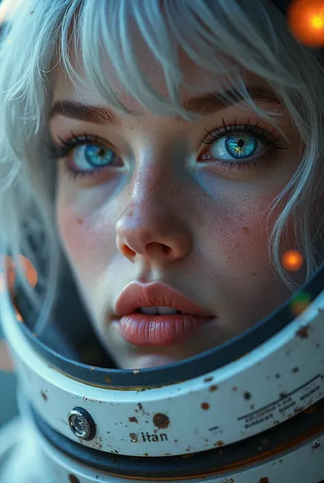 (Close-up of a masterpiece:1.5)0.9]，(Space and astronauts:1.2) (Messy silver hair:1.1) (Heterochromia yellow blue eyes:1.2) (Casque spatial:1.0) (Colorful stars in the eyes:1.0) (Dazzling light:1.1) (Thick lip:0.9)