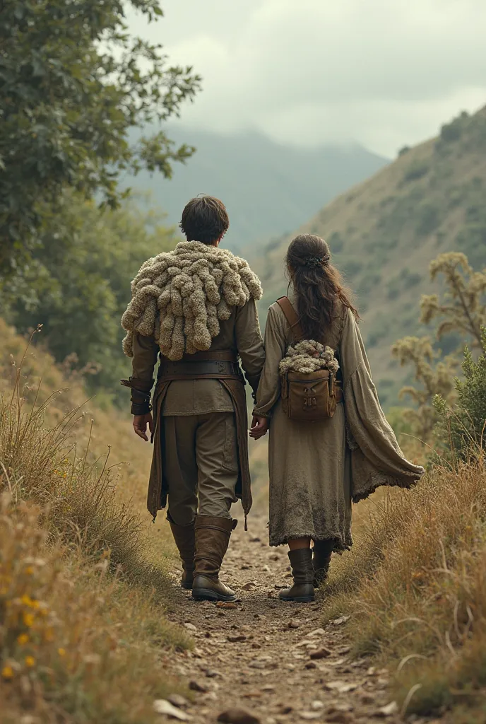 A MAN AND A WOMAN LEAVING A BEAUTIFUL GARDEN ENTERING AN EMPTY LAND FULL OF DRY GRASS ON THE DIRT FLOOR. THEY ARE DRESSED IN CLOTHES MADE OF SHEEPSKIN.
