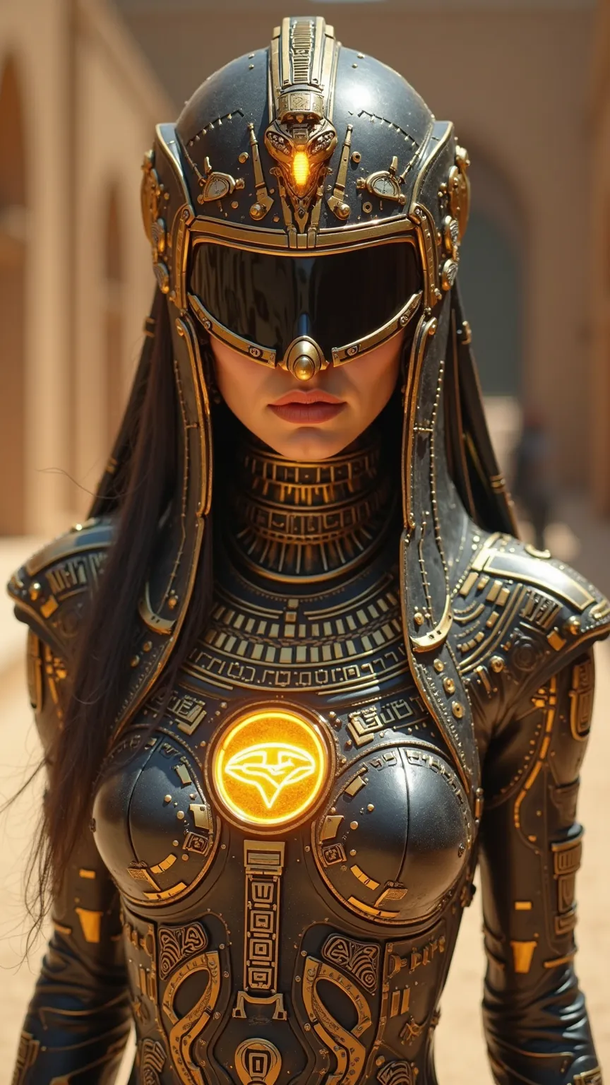 On the same Giza runway, she transforms into a futuristic Egyptian cyber queen. She wears shimmering gold and obsidian black cyber armor with glowing hieroglyph circuits. A massive radiant Eye of Horus emblem glows on her chest, and her helmet is crowned w...