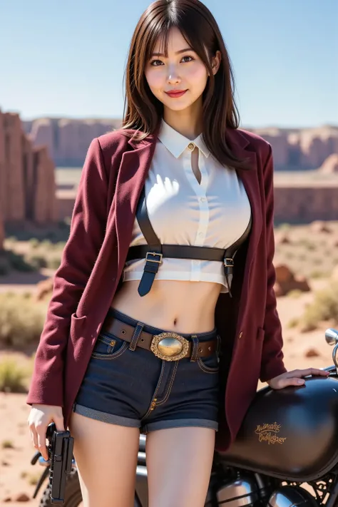 firm and big breasts, cleavage, A realistic photographic composition framed from just below the shoulder of a female subject straddling a motorcycle on a canyon overlook, ensuring her entire head is fully visible within the frame without cropping. She wear...