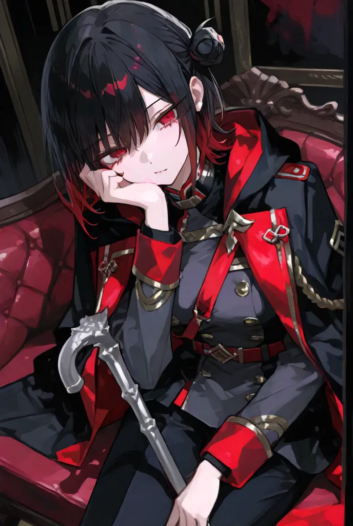 cool woman、slender、Red and Black、red eyes、sling、Impressive eyes、wolf cut、half up、side bun hair 、Bad look 、Cheek resting on hand、Sit on a long couch beside you、uniform、cloak、Holding a cane in the left hand、to the waist