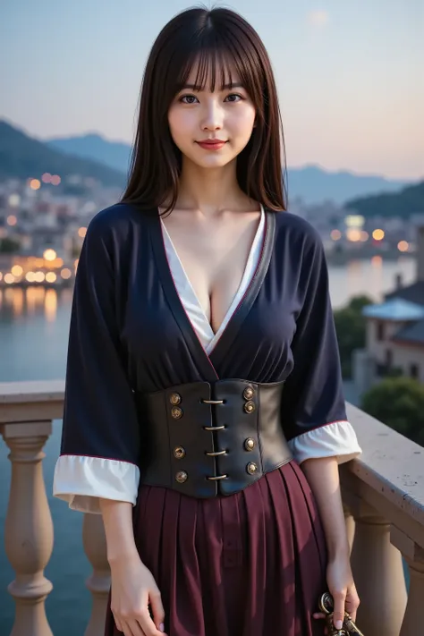 firm and big breasts, cleavage, A realistic photographic composition framed from just below the shoulder of a female subject standing on a weathered limestone balcony with carved balusters overlooking a sprawling cityscape at dusk, ensuring her entire head...