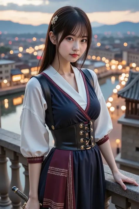 firm and big breasts, cleavage, A realistic photographic composition framed from just below the shoulder of a female subject standing on a weathered limestone balcony with carved balusters overlooking a sprawling cityscape at dusk, ensuring her entire head...