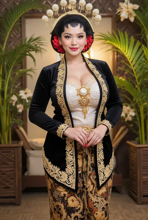 Bbw womwn chubby in kebaya dress, open breast full body