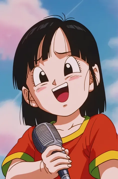 source_anime, score_9, score_8_up, score_7_up, anime screencap, absurdres, high quality,
pan \(dragon ball\), dragon ball gt, 1 girl, alone, looking at viewer, smile, short hair, bangs, black hair, collarbone, upper body, gold trim, short sleeves, sky, day...