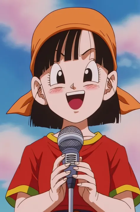 source_anime, score_9, score_8_up, score_7_up, anime screencap, absurdres, high quality,
pan \(dragon ball\), dragon ball gt, 1 girl, alone, looking at viewer, smile, short hair, bangs, black hair, collarbone, upper body, gold trim, short sleeves, sky, day...