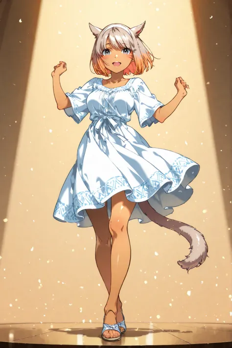 full body shot, girl dancing, spirited, happy, modern clothes, summer clothes, anime CG, HCG, 1girl, adult face, ((tan color miqo'te cat ears)), ((tan color hair)), short hair, white hairband, blueish grey eyes, volumous hair, straight front fringe, ((tan ...