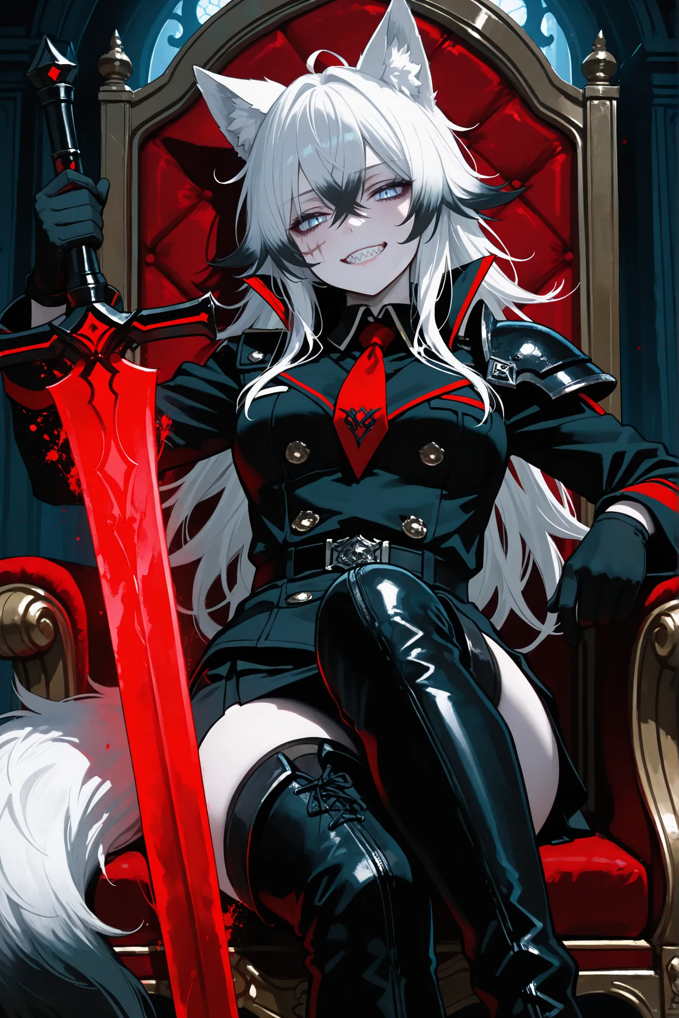 masterpiece, best quality, amazing quality, very aesthetic, newest, ultra detailed, absurdres, 8k, chiaroscuro, accurate anatomy, two-toned hair, gradient hair, white hair with black tips, messy hair, crossed bangs, pale blue eyes, medium breasts, pale ski...
