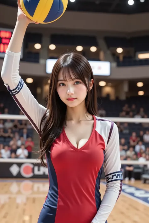firm and big breasts, cleavage, A realistic photographic composition framed from just below the shoulder of a female volleyball player in mid-serve on an indoor court, ensuring her entire head is fully visible within the frame without cropping at the top. ...