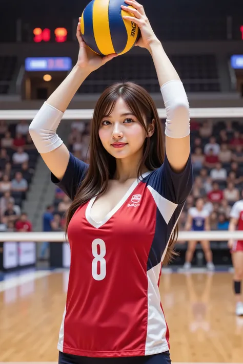 firm and big breasts, cleavage, A realistic photographic composition framed from just below the shoulder of a female volleyball player in mid-serve on an indoor court, ensuring her entire head is fully visible within the frame without cropping at the top. ...