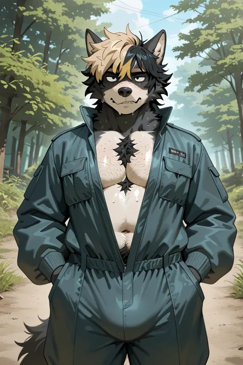 masterpiece, best quality, amazing quality, very aesthetic, absurdres, newest, scenery, 1man, timid expression, furry wolf, freckles, messy short black hair with blond highlights, chubby, sweaty steamy, musky, revealing militart jumpsuit, black body hai...