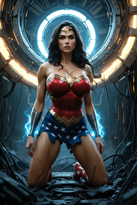 damaged, female war robot, Wonder Woman, elegant face, cybernetic, huge breasts, realistic, 8K, masterpiece, ultra-detailed, high quality, photorealistic, intricate details, hyper-realistic, sci-fi, cinematic lighting, dramatic atmosphere, complex machiner...
