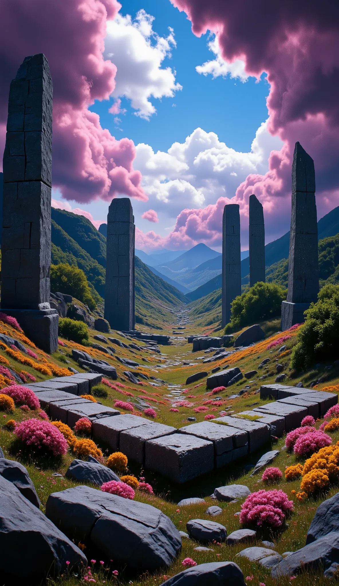  I'm imagining、What I'm imagining、A Masterpiece of Chilean Plateau Scenery、Vivid Colors、Intense Style of Epic Dramatic Expression、Flowers at the Limits of the Forest々、Massive Megalithic Artifacts（Sacsayhuaman）、A gentle flower、Premium quality environment、Highland scenery。
