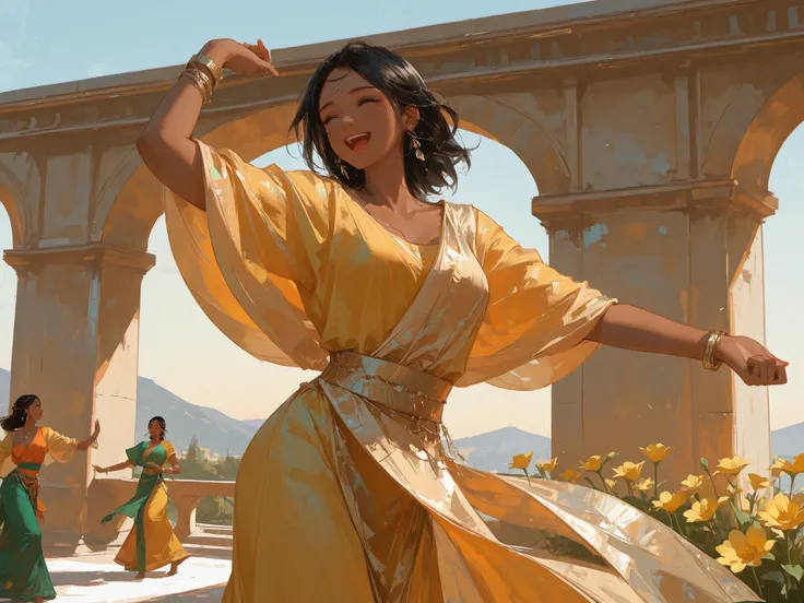 front shot, middle shot, Perfect female body, woman, 20 years old, detailed black hair, large breasts, dark skin, earrings, Bracelet, Luxury color Clothes, saree, bindi, holding a yellow flower, happy, dancing, Beautiful Scenery of India, morning, wind