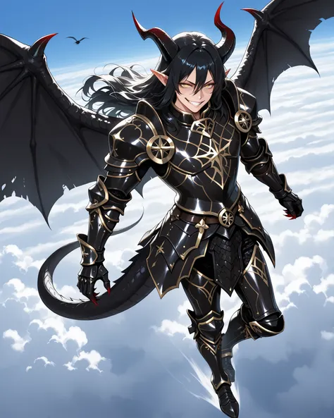 (masterpiece, best quality: 1. 5), highres, 8K, CG, (((Anime))), (1 male), lean body, (strong body, masculine), weredragon, (japanese anime style), glossy black, shiny black leather, ((beautiful golden eyes, finely detailed eyes, bright eyes, vertical iris...