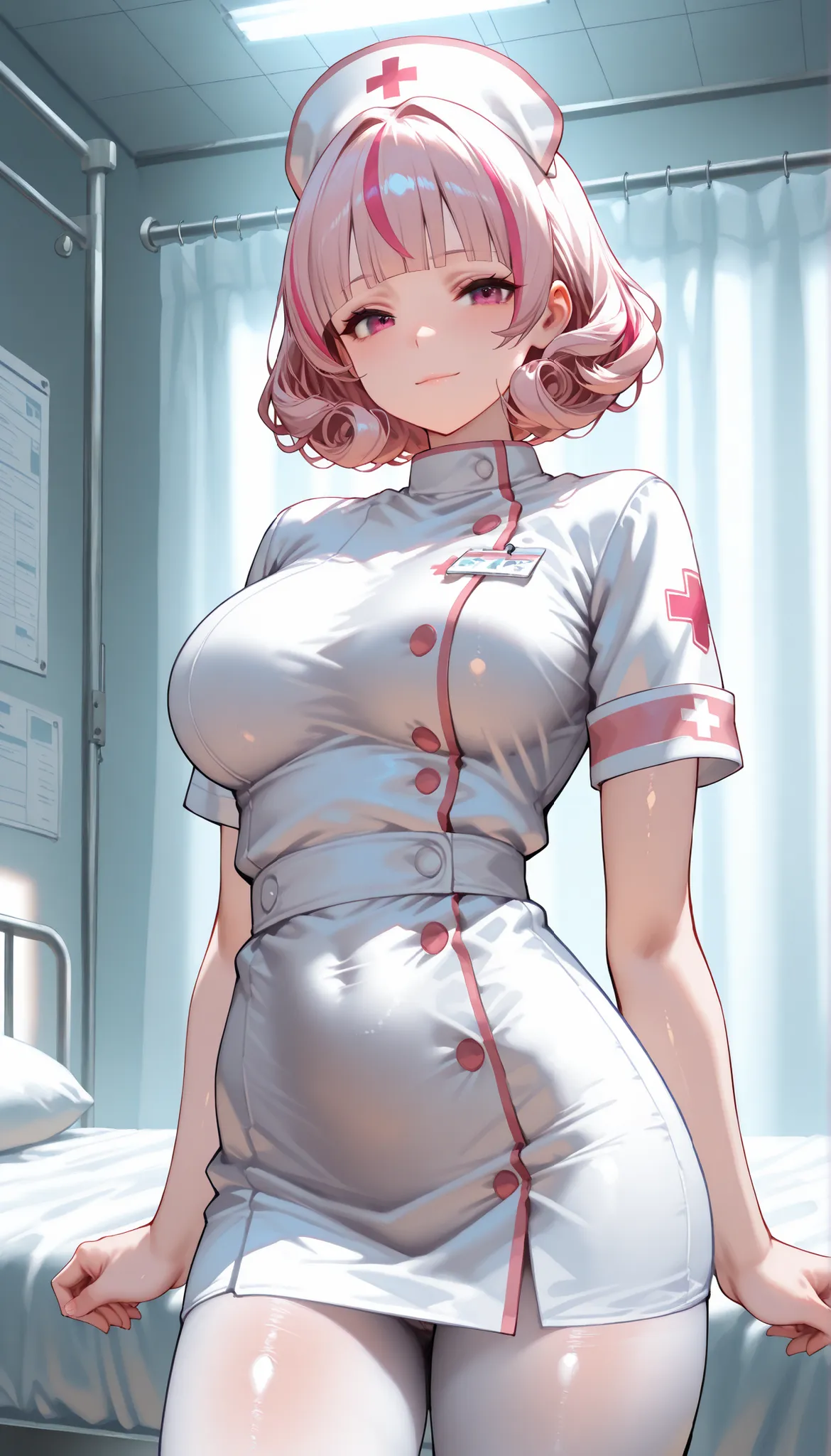 A female wearing A White Nurse Uniform,White Pantyhose,Shiny skin,(Pink short hair,curly hair,streaked hair, blunt bangs),White Nurse Headdress,Light smile,Slim body,In Prison Infirmary,Standing,Open pose,UHD, SOLO, anatomically correct, masterpiece, textu...