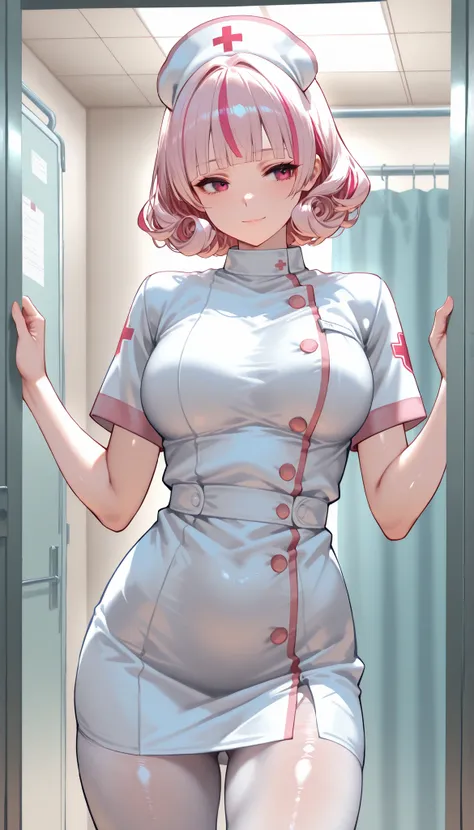 A female wearing A White Nurse Uniform,White Pantyhose,Shiny skin,(Pink short hair,curly hair,streaked hair, blunt bangs),White Nurse Headdress,Light smile,Slim body,In Prison Infirmary,Standing,Open pose,UHD, SOLO, anatomically correct, masterpiece, textu...