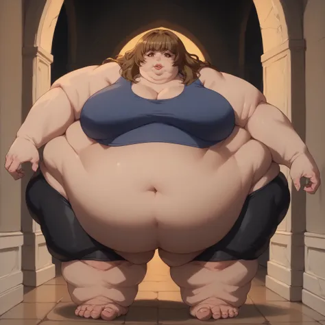 tsuya, 1girl, long hair, solo, brown hair, brown eyes, troll, monster, giant, size difference, giant hands, giant feet, fat, chubby, obese, gigantic arms and legs, gigantic breasts, sagging breasts, full body shot, fat face, chubby face, double chins, big ...