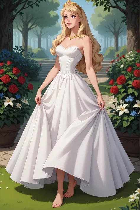 score_9, score_8_up, score_7_up, best quality, masterpiece, 4k resolution, 1girl, solo, Aurora_SB, full body, long hair, blonde hair, violet eyes, upright, elegant posture, white dress, white skirt, medium breasts, bare arms, bare feet, smooth body, clean ...
