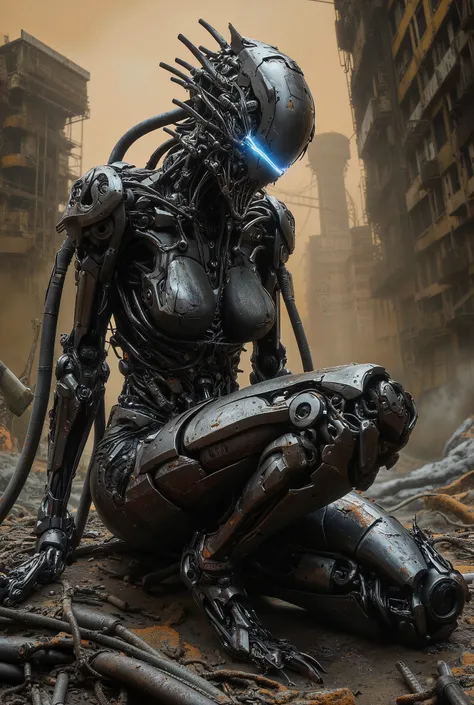 A broken and abandoned female cyborg sits slumped amid the rubble of a post-apocalyptic skyscraper, half her body exposed with rusted, damaged mechanical parts. One eye still glows faintly with a dim blue light. The sky behind her is a dusty orange, filled...