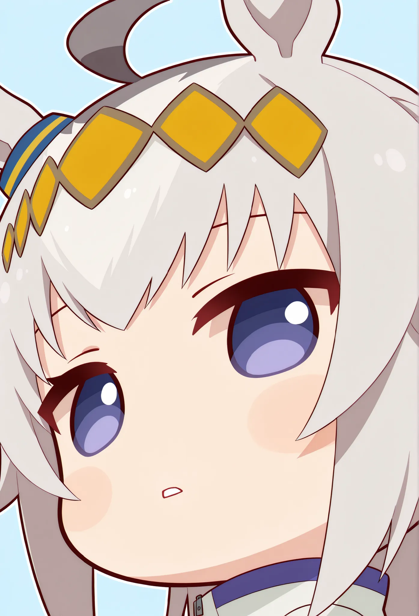 score_9, score_8_ up, score_7_ up, score_6_ up, anime，nsfw， uncensored ，(  chibi:1.4)，masterpiece, Highest Quality, Intricate Details, oguri cap \(Uma Musume\),solo,and stares at the viewer，horse ears，parted lips，Portrait，white jacket，stupid hair，from the side， bright eyes ，School meals，