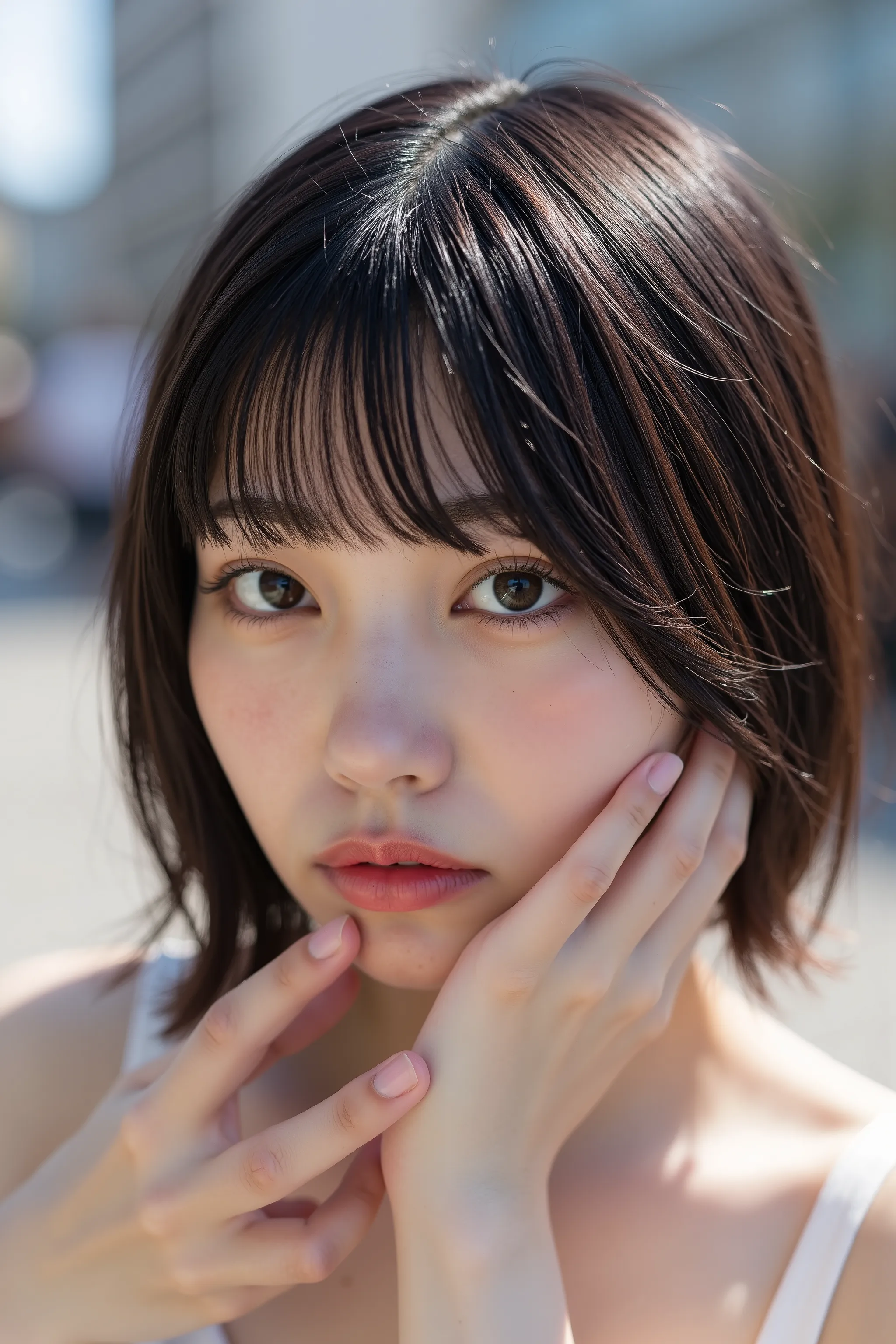 a high resolution photograph of a Japanese young woman, (photo-realistic, realistic, masterpiece, best quality), Intricate details, extremely detailed, ultra high definition, 8k, film grain, lens flare glow, sharp focus, professional lighting, nude shoot, ...