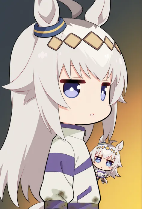 score_9, score_8_ up, score_7_ up, score_6_ up, anime，nsfw， uncensored ，(  chibi:1.4)，masterpiece, Highest Quality, Intricate Details, oguri cap \(Uma Musume\),solo,and stares at the viewer，horse ears，parted lips，white jacket，stupid hair，from the side， bri...