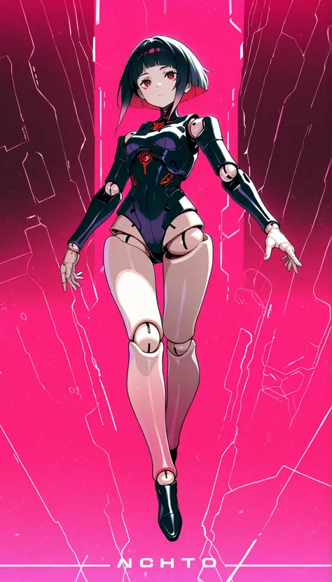 (((Highest Quality))), single, fullbody, dynamic, 1girl, android girl, short hair, layered hair, bangs, black hair, pink gradient hair, red eyes, doll joints, cyberpunk, futuristic