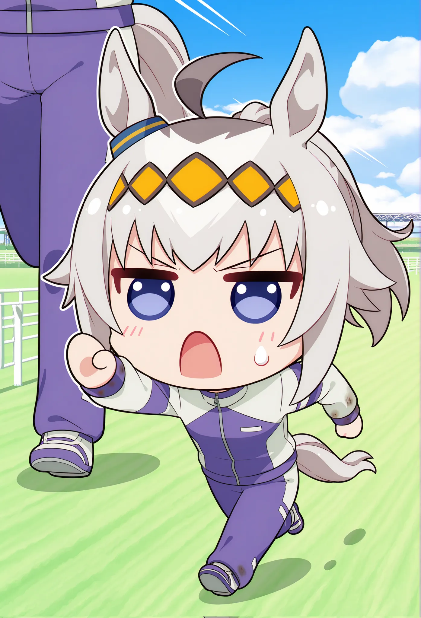 score_9, score_8_ up, score_7_ up, score_6_ up, anime，nsfw， uncensored ，(  chibi:1.4)，masterpiece, Highest Quality, Intricate Details, oguri cap \(Uma Musume\), running, solo, horse ears, tail, horse tail, open your mouth, jacket, stupid hair, ponytail,  pants, long sleeve, cloud, null, track jacket, Outdoors, chest, day, different hairstyles, blue null, shoes, purple  pants，Racecourse，
