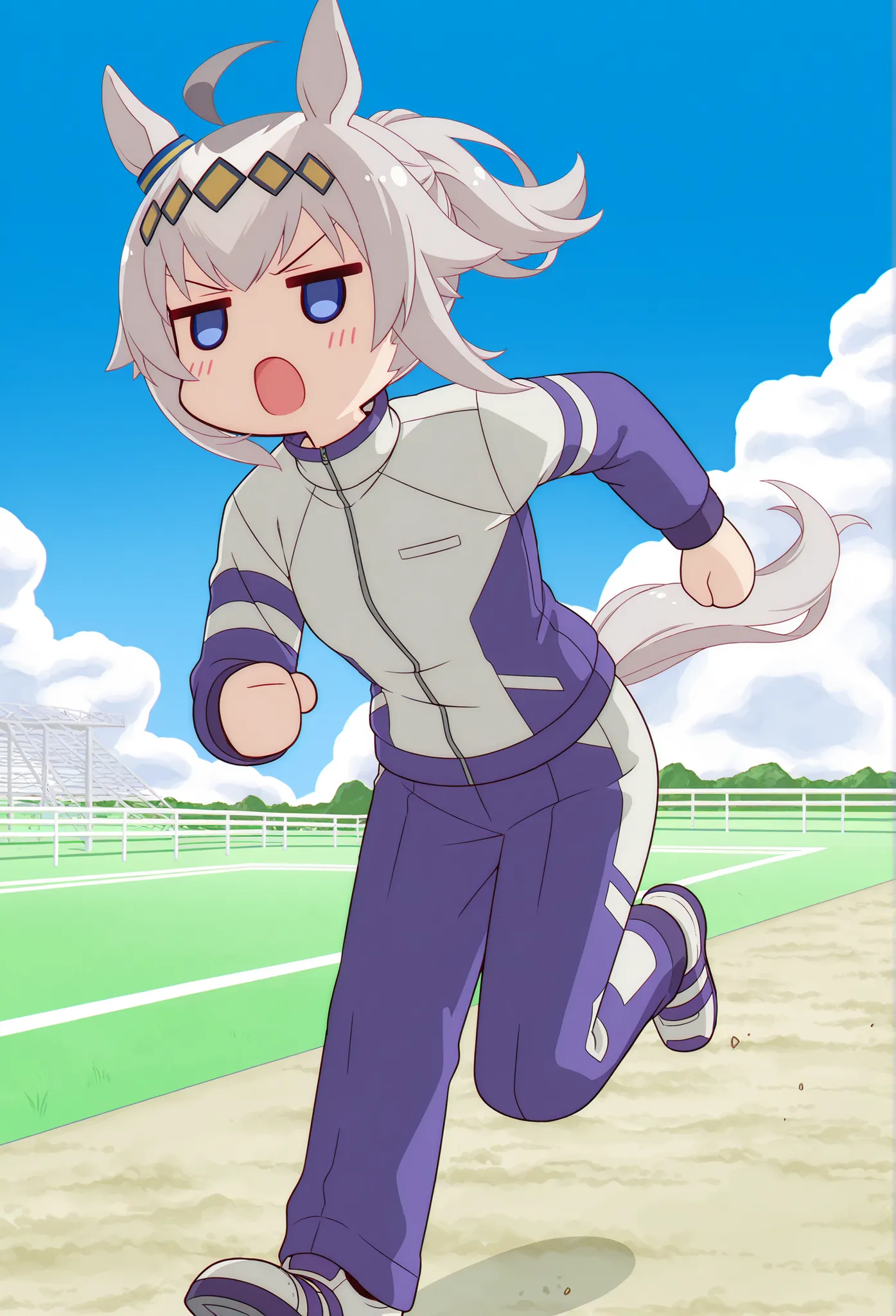 score_9, score_8_ up, score_7_ up, score_6_ up, anime，nsfw， uncensored ，(  chibi:1.4)，masterpiece, Highest Quality, Intricate Details, oguri cap \(Uma Musume\), running, solo, horse ears, tail, horse tail, open your mouth, jacket, stupid hair, ponytail,  pants, long sleeve, cloud, null, track jacket, Outdoors, chest, day, different hairstyles, blue null, shoes, purple  pants，Racecourse，
