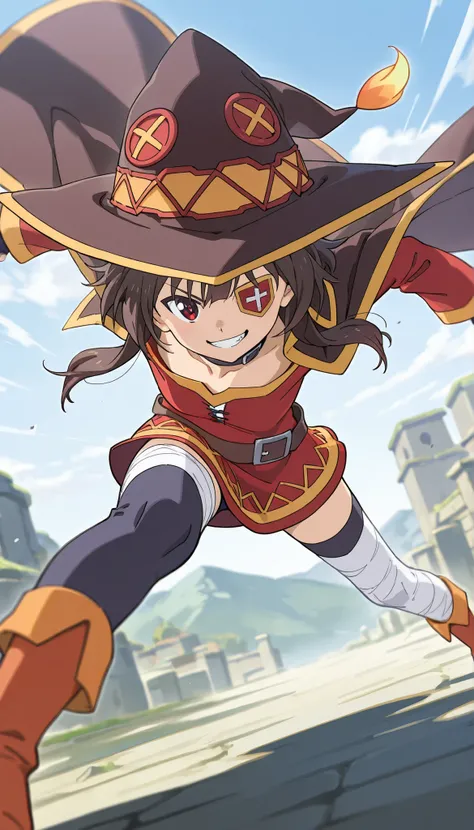((Best quality)), ((masterpiece)), (detailed), Megumin_(konosuba), dynamic angle, grinning, defiant pose, eyepatch