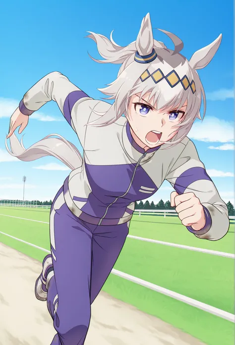 
oguri cap \(Uma Musume\), running, solo, horse ears, tail, horse tail, open your mouth, jacket, stupid hair, ponytail,   pants, long sleeve, cloud, null, track jacket, Outdoors, chest, day, different hairstyles, blue null, shoes, purple   pants