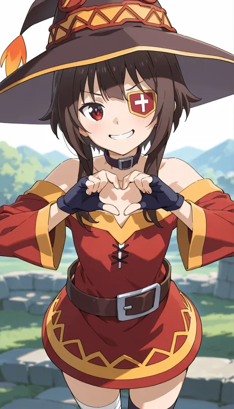 ((Best quality)), ((masterpiece)), (detailed), Megumin_(konosuba), grinning, eyepatch, cute heart pose with hands