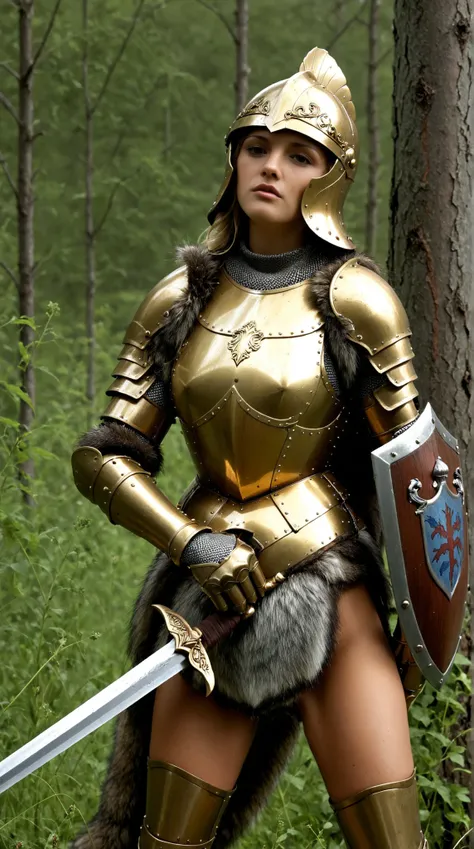 , Joan of Arc、Knights, golden armour，Gold Armor，With a sword and shield，Royal style，Comic style, , Sub-surface scattering, ornate detail, nature backdrop, Hyper-realistic, Cinematic, Dramatic Lighting, masutepiece、Armor and helmet with wolf motif、Full-face...