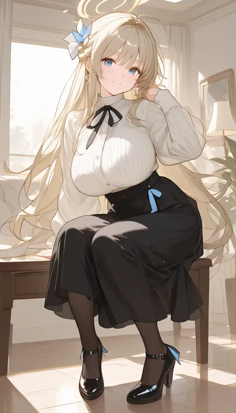 A girl with extremely large breasts,wearing attractive shoes that match the outfit, slightly muscled