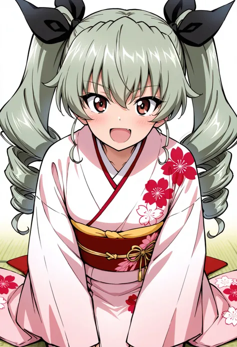 Highest Quality, details, high res, 8k, 超high res, Soft Saturation, 1 girl on break day, solo, anchovy \(girl&panzer)\, drill hair, green hair, twin drill , hair bow, long hair, 非常にdetailsな顔, 非常にdetailsな目, masterpiece , (Japanese kimono:1.2), (Furusose ...