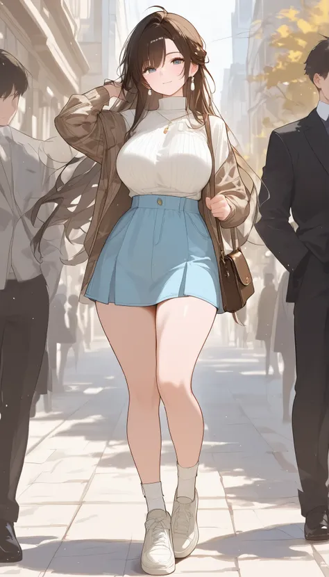 A girl with extremely large breasts,wearing attractive shoes that match the outfit, slightly muscled