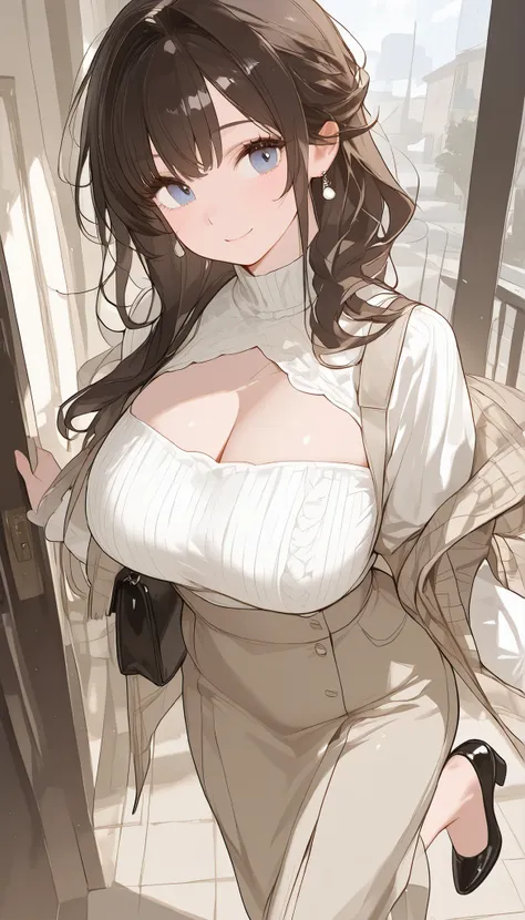 A girl with extremely large breasts,wearing attractive shoes that match the outfit, slightly muscled
