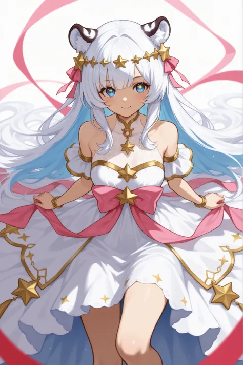 White hair,Wearing a delicate princess dress with red as the main color,There are stars on the clothes as decoration,There is this golden octagonal star on the hair as an ornament,Pink bow on the edge of the hair,The skirt is decorated with ribbons,Unique ...
