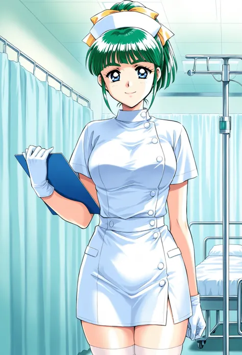 Score_9, score_8_up, score_7_up, source_anime, Iijima_Miyuki(kakyuusei), 1girl, solo, green hair, high ponytail, bangs, short hair, blue eyes, hair ribbon,Yellow ribbon, breasts, thick eyebrows, (best quality), (high quality), {masterpiece}, extremely deli...