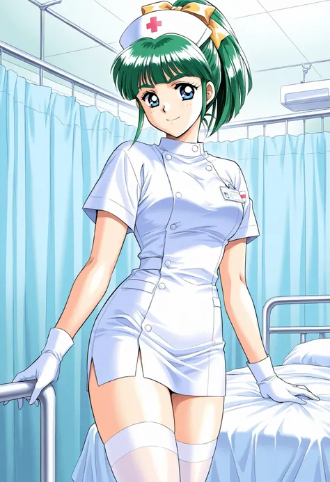 Score_9, score_8_up, score_7_up, source_anime, Iijima_Miyuki(kakyuusei), 1girl, solo, green hair, high ponytail, bangs, short hair, blue eyes, hair ribbon,Yellow ribbon, breasts, thick eyebrows, (best quality), (high quality), {masterpiece}, extremely deli...