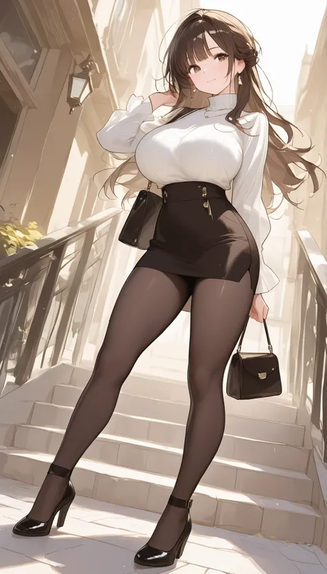 A girl with extremely large breasts,wearing attractive shoes that match the outfit, slightly muscled, dark brown hair