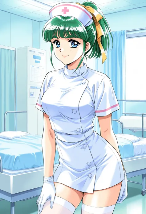 Score_9, score_8_up, score_7_up, source_anime, Iijima_Miyuki(kakyuusei), 1girl, solo, green hair, high ponytail, bangs, short hair, blue eyes, hair ribbon,Yellow ribbon, breasts, thick eyebrows, (best quality), (high quality), {masterpiece}, extremely deli...