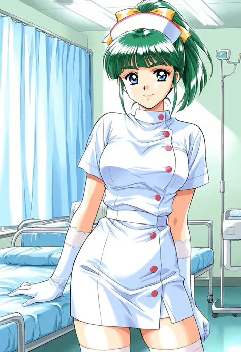 Score_9, score_8_up, score_7_up, source_anime, Iijima_Miyuki(kakyuusei), 1girl, solo, green hair, high ponytail, bangs, short hair, blue eyes, hair ribbon,Yellow ribbon, breasts, thick eyebrows, (best quality), (high quality), {masterpiece}, extremely deli...