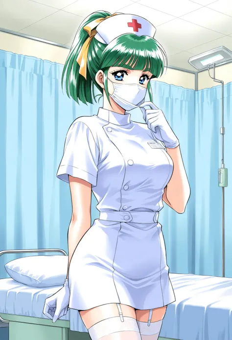 Score_9, score_8_up, score_7_up, source_anime, Iijima_Miyuki(kakyuusei), 1girl, solo, green hair, high ponytail, bangs, short hair, blue eyes, hair ribbon,Yellow ribbon, breasts, thick eyebrows, (best quality), (high quality), {masterpiece}, extremely deli...