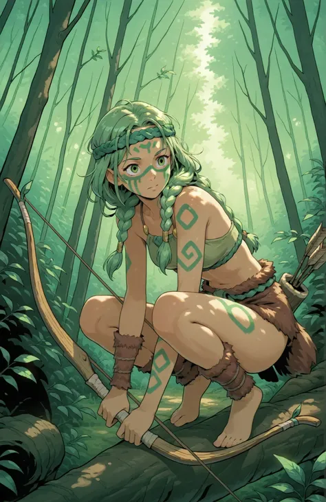 A woman with long green braided hair, fair skin, holding a wooden hunting bow, wearing furs and a headband, green face paint, crouched, in a forest during the day, natural lighting, in full view in a highly detailed anime style