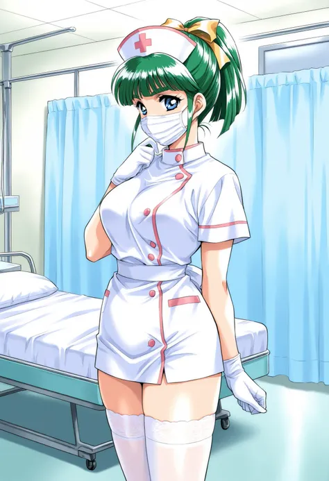 Score_9, score_8_up, score_7_up, source_anime, Iijima_Miyuki(kakyuusei), 1girl, solo, green hair, high ponytail, bangs, short hair, blue eyes, hair ribbon,Yellow ribbon, breasts, thick eyebrows, (best quality), (high quality), {masterpiece}, extremely deli...