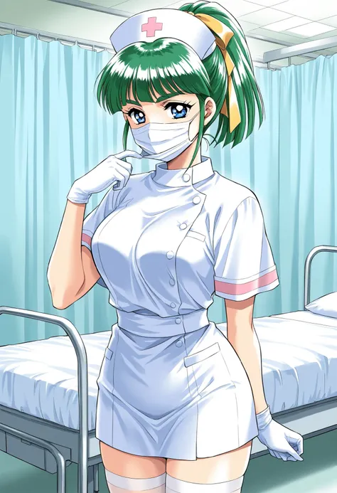 Score_9, score_8_up, score_7_up, source_anime, Iijima_Miyuki(kakyuusei), 1girl, solo, green hair, high ponytail, bangs, short hair, blue eyes, hair ribbon,Yellow ribbon, breasts, thick eyebrows, (best quality), (high quality), {masterpiece}, extremely deli...