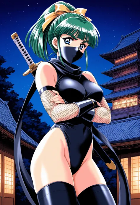 Score_9, score_8_up, score_7_up, source_anime, Iijima_Miyuki(kakyuusei), 1girl, solo, green hair, high ponytail, bangs, short hair, blue eyes, hair ribbon,Yellow ribbon, breasts, thick eyebrows, (best quality), (high quality), {masterpiece}, extremely deli...