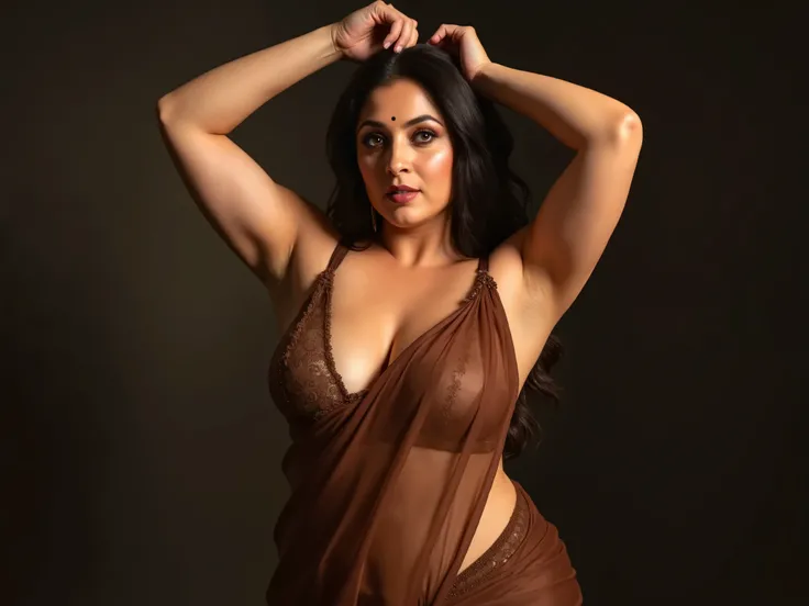 voluptuous woman in transparent brown saree and bra both muscular hands on the head seducing face